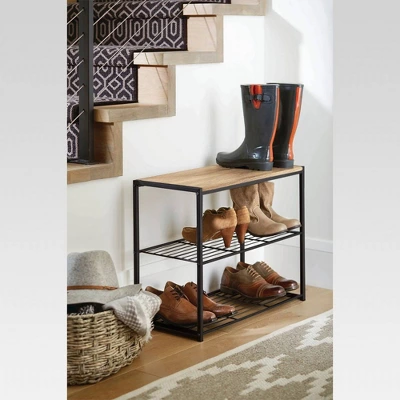 3 Tier Shoe Rack Black Metal With Natural Wood - Brightroom™ 2 3 Tier Shoe Rack Black Metal With Natural Wood - Brightroom™