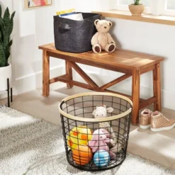 Round Black Wire With Natural Wood Handles Floor Basket - Brightroom™