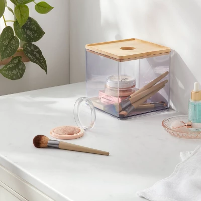 Clear Canister Large With Bamboo Lid - Brightroom™: Bathroom Container With Lid, Qtip Holder, 6"x6"x6" Plastic 3 Clear Canister Large With Bamboo Lid - Brightroom™: Bathroom Container With Lid, Qtip Holder, 6"x6"x6" Plastic