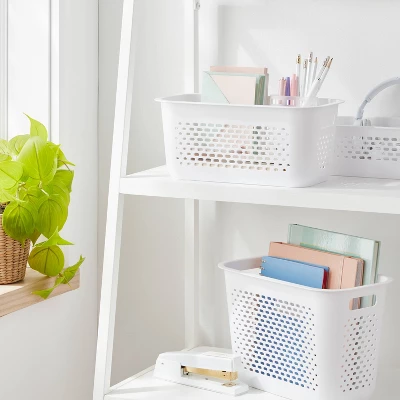 Narrow Medium Decorative Plastic Bin White - Brightroom™: Modern Storage, Cut-Out Handles, 13" Cube Compatible 3 Narrow Medium Decorative Plastic Bin White - Brightroom™: Modern Storage, Cut-Out Handles, 13" Cube Compatible